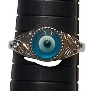 Silver Tone Ring Blue Eyeball Shape Unsigned Sz 10 Unique